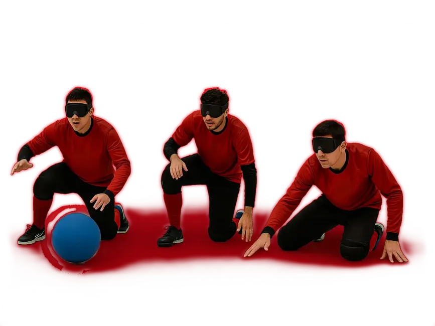 Drei Männer im roten Sportoutfit spielen Blindenball und knien konzentriert auf einem roten Boden, wie beim Turngemeinde-Verein.