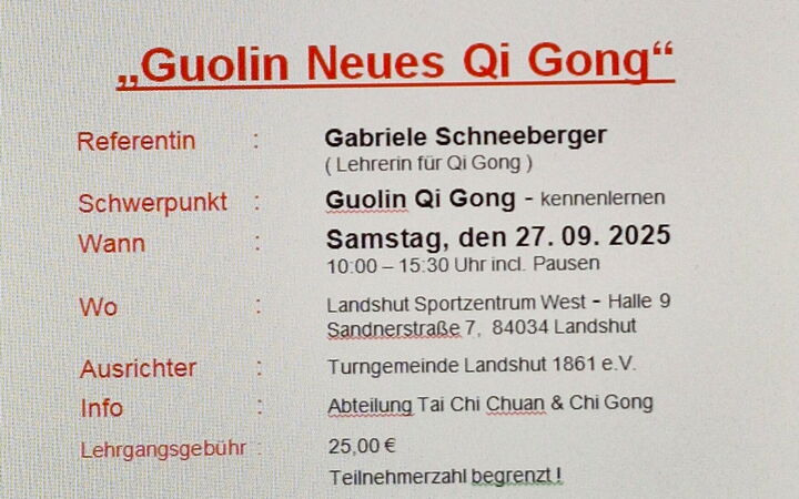 Ein Flyer der Turngemeinde Landshut bewirbt einen Qi Gong Lehrgang am 27.09.2025 im Sportzentrum Landshut.