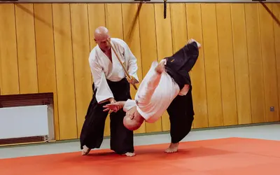 Zwei Männer üben Aikido-Techniken auf einer roten Matte im Sportverein der Turngemeinde Landshut.