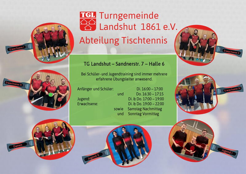 Mitglieder der Turngemeinde Landshut posieren in Tischtennis-Outfits auf einem farbenfrohen Poster des Vereins.