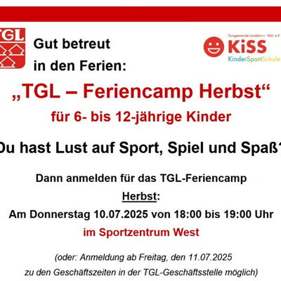 Ein Flyer bewirbt das TGL-Feriencamp Herbst der Turngemeinde Landshut für Kinder von 6 bis 12 Jahren.