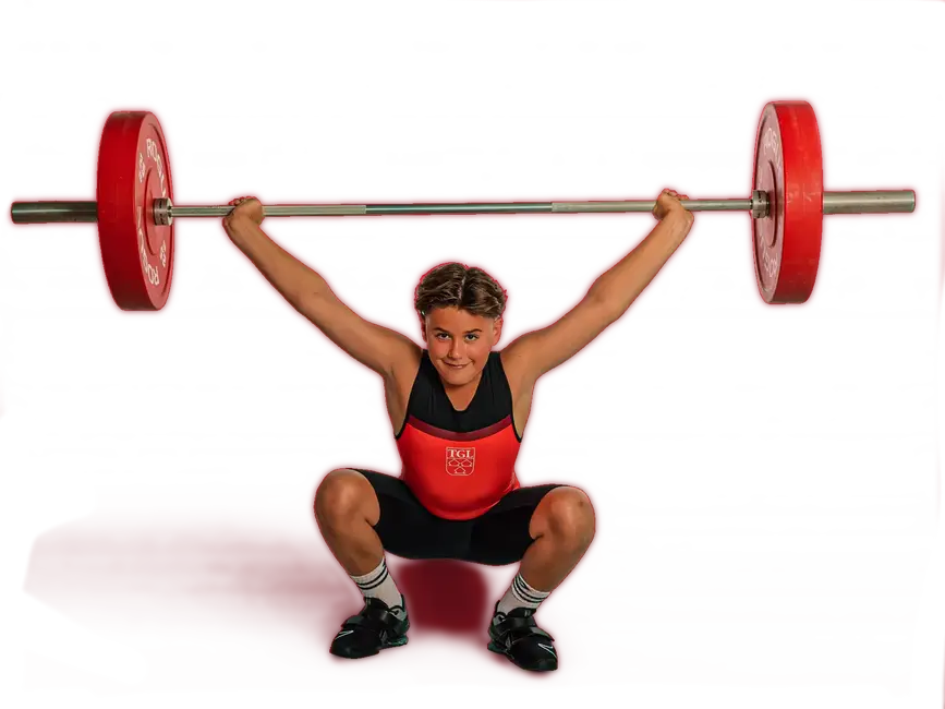 Zwei Athleten des Turnvereins Landshut heben Gewichte mit roten Hantelscheiben in einer sportlichen Demonstration.