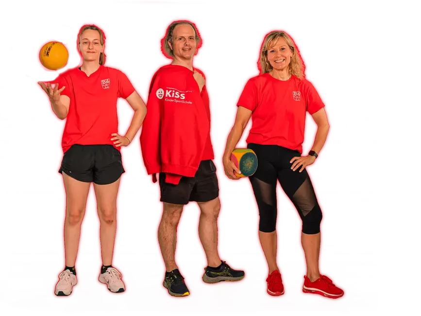 Zwei Sportler der Turngemeinde Landshut posieren in roten TGL-Shirts mit Sportgeräten für den Verein.