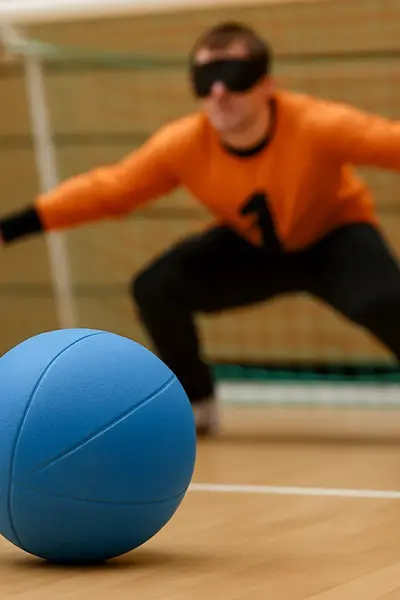 Ein blinder Torwart in orangem Trikot bereitet sich in der Sporthalle von Turngemeinde Landshut auf den blauen Ball vor.