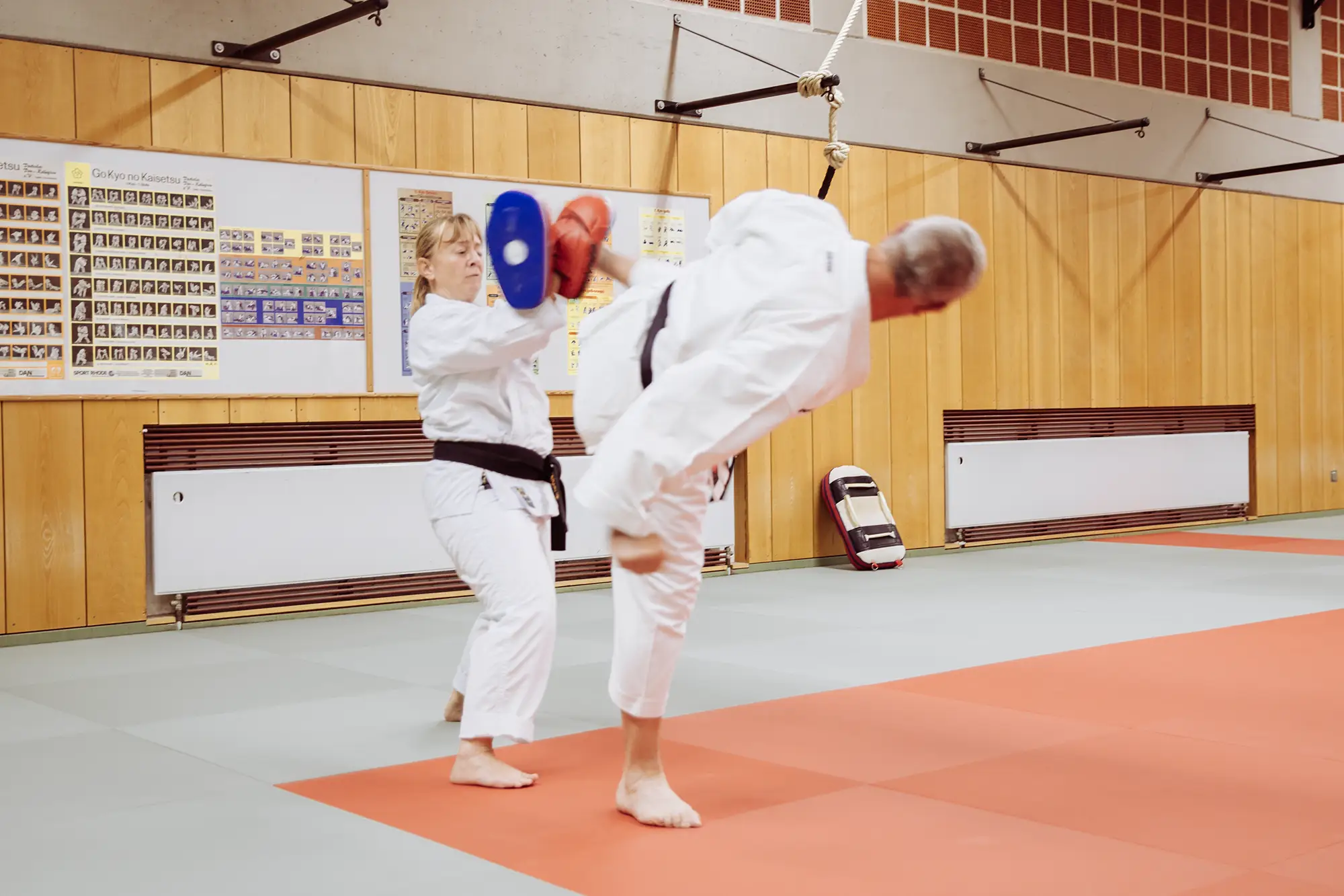Zwei Karateka der Turngemeinde Landshut üben einen Tritt in der Sporthalle des Vereins.