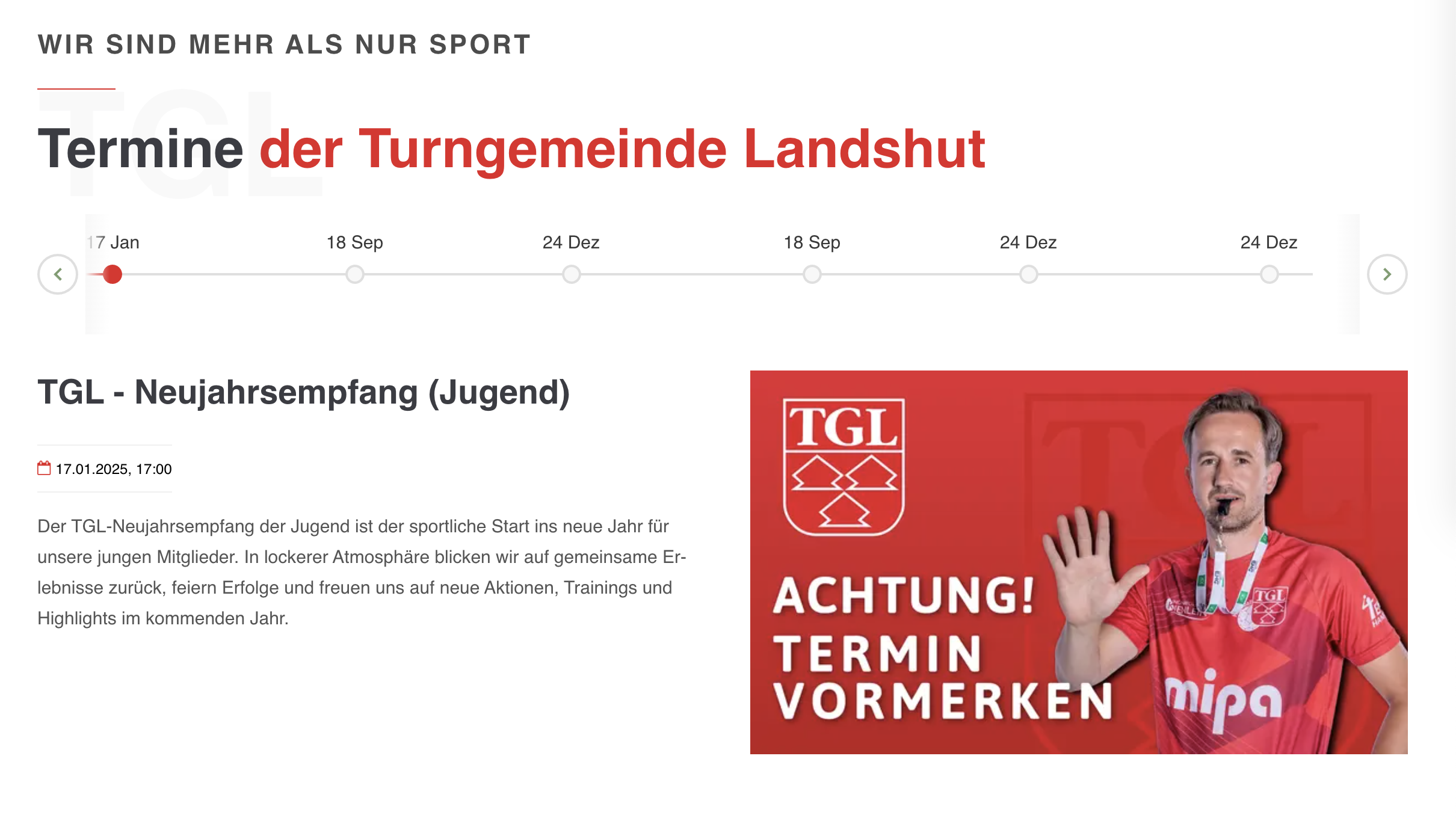 Ein Bild zeigt die Termine der Turngemeinde Landshut mit einem Neujahrsempfang und einem markanten Hinweisbild von TGL.